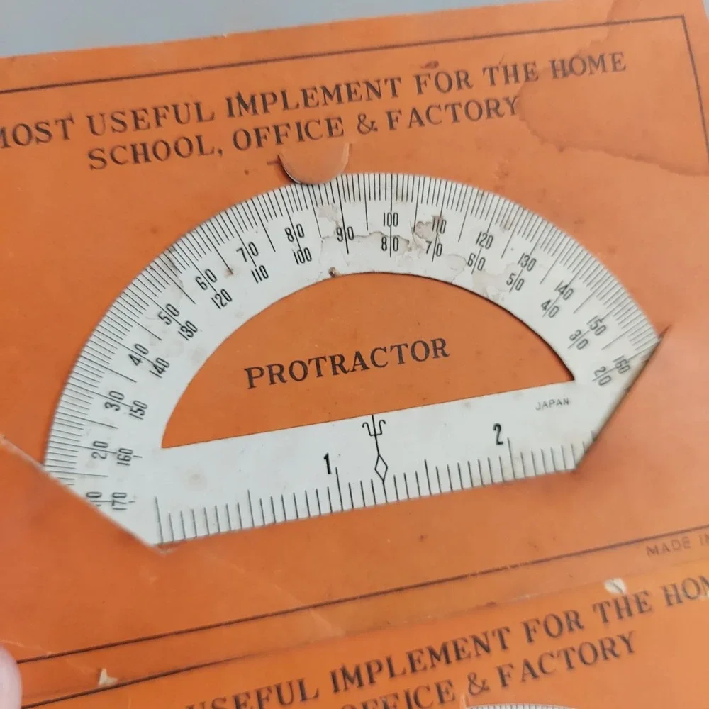 Vintage Japan White Metal Protractor Set 2pc Retro Drafting Ruler Math Tool